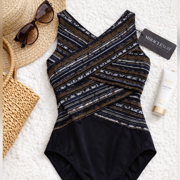 Miraclesuit Other - Miraclesuit Slimming One Piece Size 8 Black Multi Criss Cross Tummy Control Flat